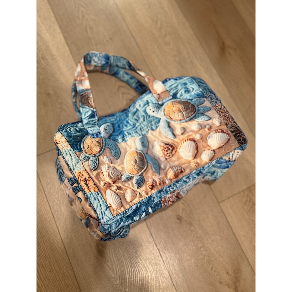 Sea Turtle Shell Ocean Quilted Fabric Tote Bag Blue Beach Travel Handbag NWOT